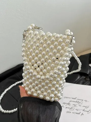Borsa da Donna in Perline Intrecciate Tendenza Moda Piccolo Bolso per Cellulare a Tracolla Mini Borsa Elegante con Perle Artificiali