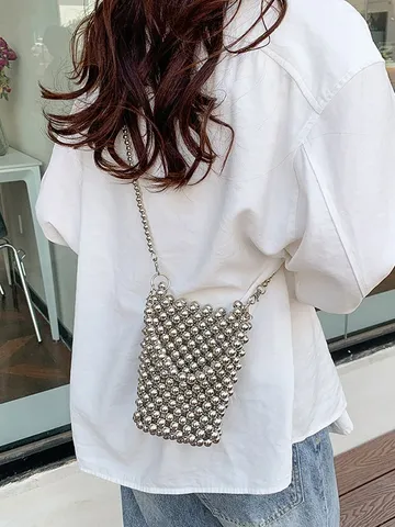 Borsa da Donna in Perline Intrecciate Tendenza Moda Piccolo Bolso per Cellulare a Tracolla Mini Borsa Elegante con Perle Artificiali