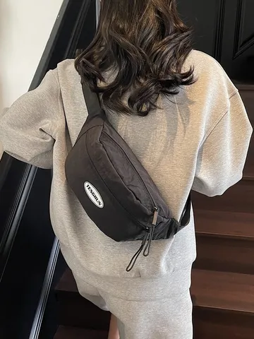 Bolso de Pecho Unisex de Lona Streetwear Casual Moto Workwear Bolso Bandolera Color Sólido Costuras Parche de Letras Bolso Hombro