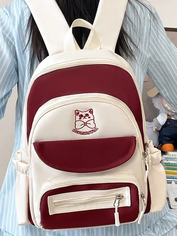 Preppy Style Color-Block Nylon Backpack For Girls Large Capacity Student School Bag With Cat Embroidery Casual Travel Daypack