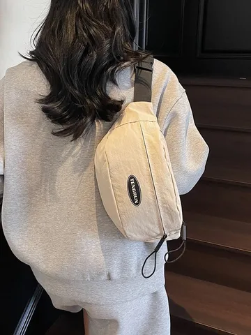 Bolso de Pecho Unisex de Lona Streetwear Casual Moto Workwear Bolso Bandolera Color Sólido Costuras Parche de Letras Bolso Hombro