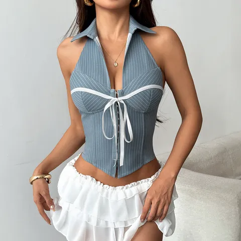 Women Sexy Halter Neck Striped Bowknot Bandage Crop Top Slim Fit Backless Fishbone Corset Tank Top