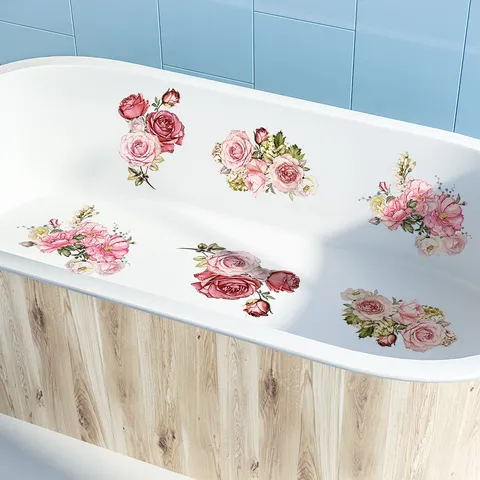 Pegatinas de Flores en Acuarela para Bañera Antideslizante Impermeable PVC Calcomanías Rosa Flor Autoadhesivo Decoración de Baño Accesorios
