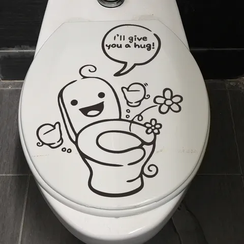 Cartoon Funny Toilet Seat Sticker Removable Waterproof PVC Bathroom Decor Decal I'll Give You A Hug Slogan Wall Sticker