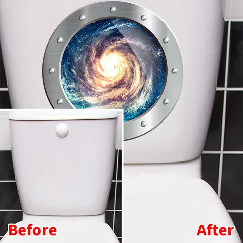 Autocollant de Siège de Toilette 3D Créatif Hublot Galactique Auto-adhésif PVC Imperméable Décalcomanie Murale de Salle de Bain Espace