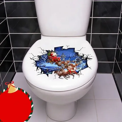Christmas Santa Claus Reindeer 3D Visual Effect Toilet Sticker Self Adhesive PVC Waterproof Bathroom Decorative Wall Decal Holiday Home Decor