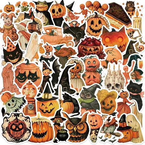 Vintage Halloween Stickers Set Waterproof PVC Pumpkin Ghost Black Cat DIY Graffiti Decals For Laptop Suitcase Party Decor