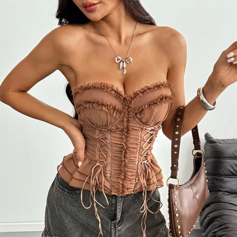 Women Sexy Strapless Ruffle Corset Top Lace Up Boned Summer Casual Party Tube Top Slim Fit Fashion Clothing