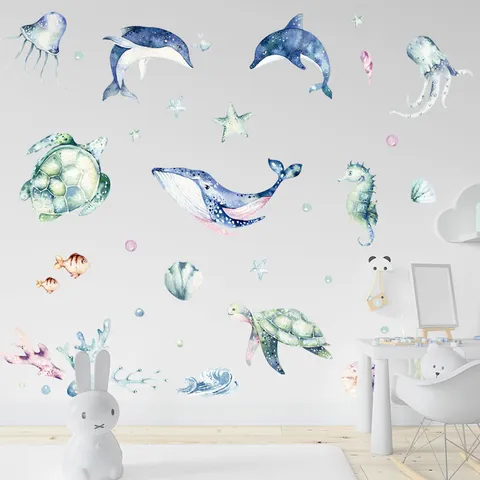 Watercolor Ocean Animal Wall Stickers Cartoon Whale Dolphin Turtle Seahorse Undersea World Wall Decals For Kids Nursery Living Room Bedroom Home Decoration