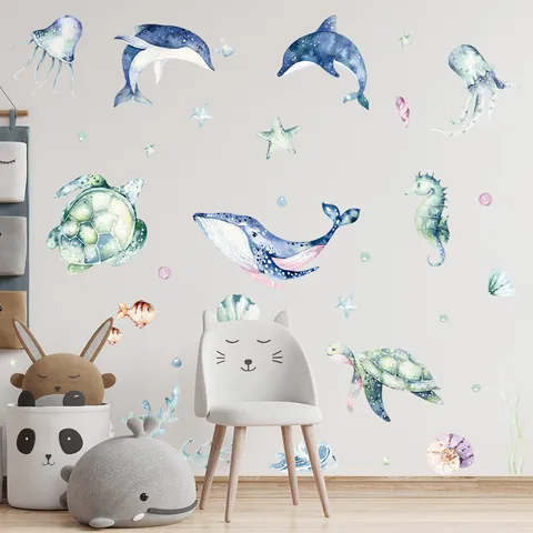 Watercolor Ocean Animal Wall Stickers Cartoon Whale Dolphin Turtle Seahorse Undersea World Wall Decals For Kids Nursery Living Room Bedroom Home Decoration