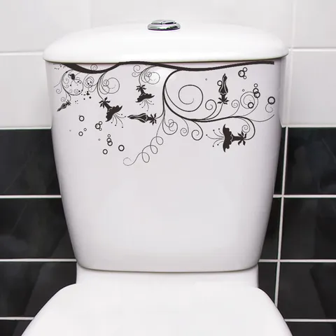 Sticker Abattant WC Fleurs et Vignes Noir Imperméable PVC Autocollant Décalcomanie Murale Salle de Bain Décoration Moderne Amovible Vinyle