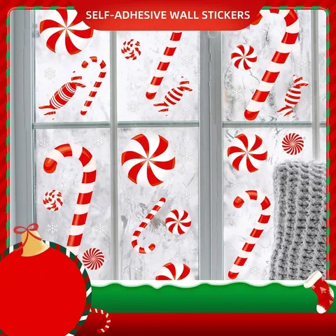 Christmas Candy Wall Sticker PVC Self-Adhesive Window Decal Red White Candy Cane Peppermint Decoration For Holiday Home Background Party