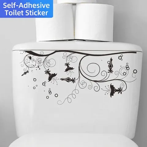 Sticker Abattant WC Fleurs et Vignes Noir Imperméable PVC Autocollant Décalcomanie Murale Salle de Bain Décoration Moderne Amovible Vinyle