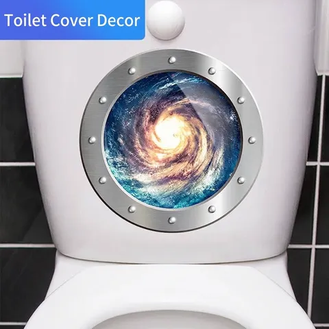 Autocollant de Siège de Toilette 3D Créatif Hublot Galactique Auto-adhésif PVC Imperméable Décalcomanie Murale de Salle de Bain Espace