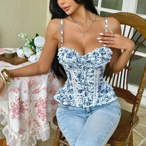Women's Vintage Blue And White Porcelain Print Boned Corset Ruffled Waist Slim Fit Short Camisole Summer Top