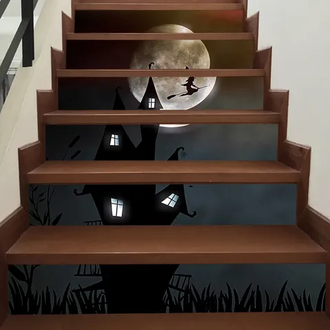 Halloween Witch Castle Silhouette Stair Stickers Waterproof Removable PVC Step Decals For Haunted House Indoor Party Home Decoration