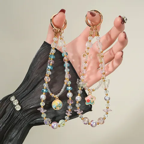 Double Layer Colorful Crystal Artificial Pearl Phone Charm Gold Star Flower Pendant Lanyard Keychain Bag Ornament For Women