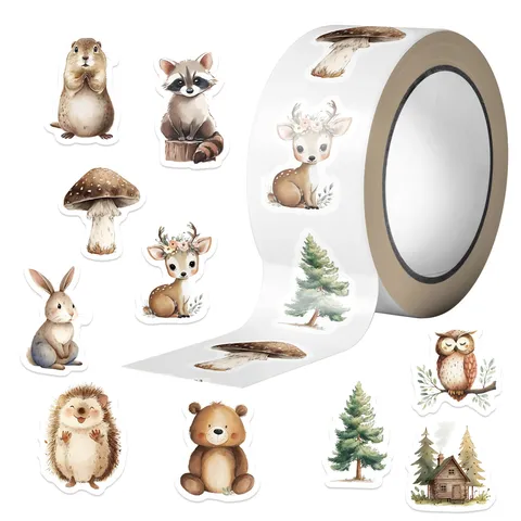 500 Fogli Adesivi Animali della Foresta Rotolo Acquerello Cervo Orso Gufo Coniglio per Scrapbooking Fai da Te Regalo