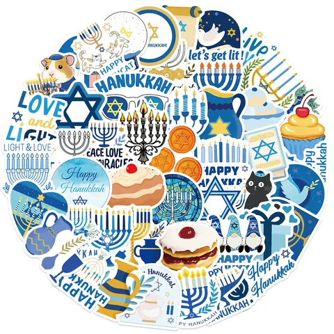 Hanukkah Cartoon Stickers Waterproof PVC Decals For Laptop Guitar Luggage DIY Decorative Menorah Star Of David Pattern