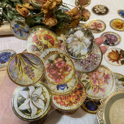 Buntglas Stil Blumen Aufkleber Vintage Wasserdicht PET Vergoldung Runde Blumen Decals Für Journaling Gitarre DIY Dekor