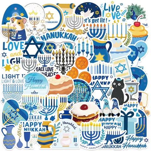 Hanukkah Cartoon Stickers Waterproof PVC Decals For Laptop Guitar Luggage DIY Decorative Menorah Star Of David Pattern