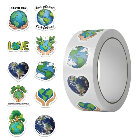 500 Pieces Earth Day Stickers Roll Cartoon Love Planet Labels Eco-Friendly Journaling Tape For Envelope Gift Decoration