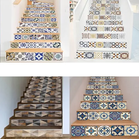 3D Geometric European Tile Stair Stickers Waterproof PVC Self Adhesive Home Decoration Removable Wall Stickers For Step Renovation Cover