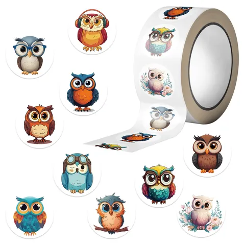Cartoon Owl Round Stickers Scrapbooking Decorative Label Tape For Envelope Sealing DIY Hand Account Decoration PVC Adhesive Stickers