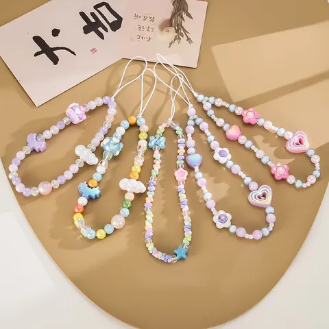 Handmade Beaded Phone Lanyard Acrylic Pixel Heart Y2K Sweet Style Phone Strap Anti-lost Hanging Chain Bag Ornament Women