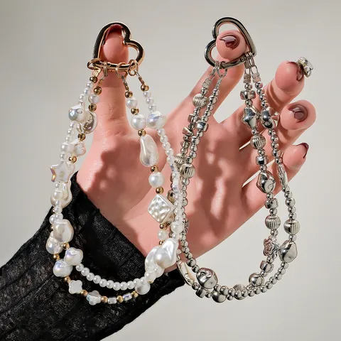Colgante para Móvil de Doble Cadena Estilo Ins Perla Artificial Estrella Flor Cordón de Muñeca Anti-perdida Cierre Corazón