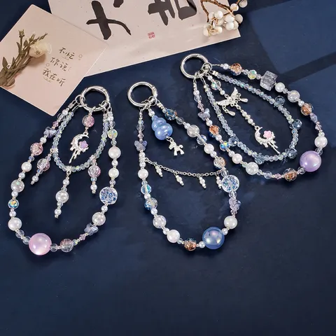 Luxury Cat Eye Beaded Phone Lanyard Bag Charm Moon Gourd Pony Handmade Beaded Keychain For Women Phone Decor Accessory