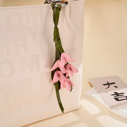PU Leather Flower Bag Charm Elegant Floral Keychain Handbag Decoration Osmanthus Tulip Lily Of The Valley Pendant Accessory Gift