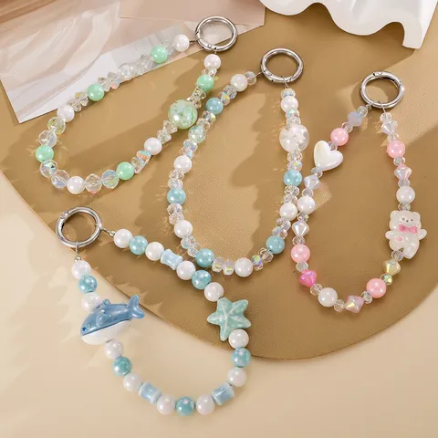Correa de Teléfono con Cuentas Hecha a Mano Lindo Oso Estrella Lentejuelas Encanto Llavero Para Mujer Niña Funda de Teléfono Móvil Cordón Bolsa Accesorios Colgantes