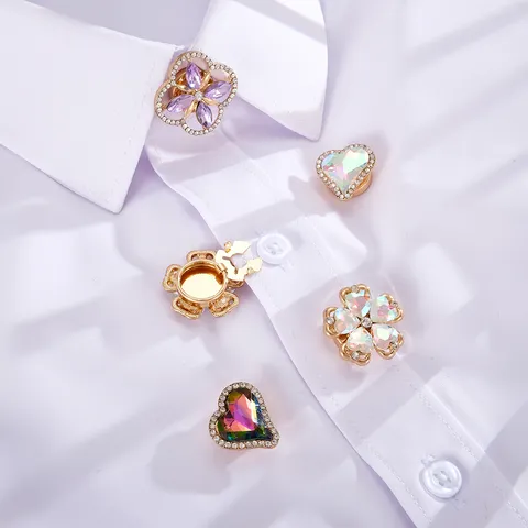 Luxury Heart Flower Shirt Collar Clip For Women Zinc Alloy Rhinestone Clothes Decoration Pin DIY Apparel Accessories Jewelry Gift