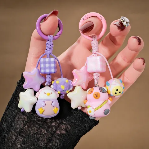 Cartoon Otter Acrylic Keychain Cute Animal Bag Charm With Star Beads Hand Painted Checkered Cube Pendant Accessory For Women