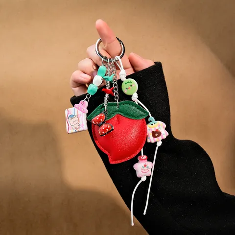 Cute Acrylic Peach Bag Charm Sweet Heart Star Bottle Keyring Cute PU Leather Fruit Phone Pendant For Women Handbag Decor