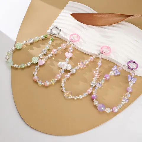 Colgante para Teléfono de Cuentas Hechas a Mano Sirena Perlado Cordón Acrílico Mariposa Nube Corazón Correa de Muñeca Anti-Perdida