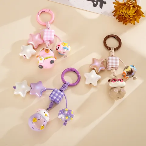 Cartoon Otter Acrylic Keychain Cute Animal Bag Charm With Star Beads Hand Painted Checkered Cube Pendant Accessory For Women