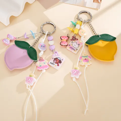 Cute Acrylic Peach Bag Charm Sweet Heart Star Bottle Keyring Cute PU Leather Fruit Phone Pendant For Women Handbag Decor