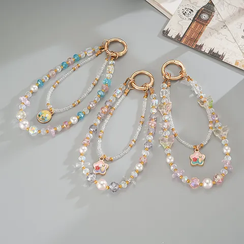 Double Layer Colorful Crystal Artificial Pearl Phone Charm Gold Star Flower Pendant Lanyard Keychain Bag Ornament For Women