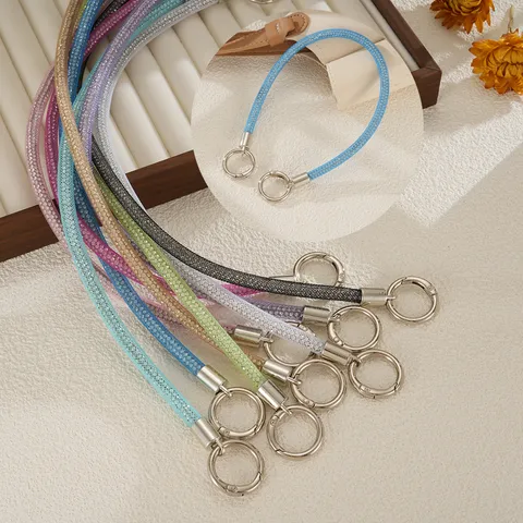 Luxury Rhinestone Mesh Rope Phone Lanyard Wrist Strap Hand Bracelet For Women Anti-lost Bag Accessory With Double Metal Rings