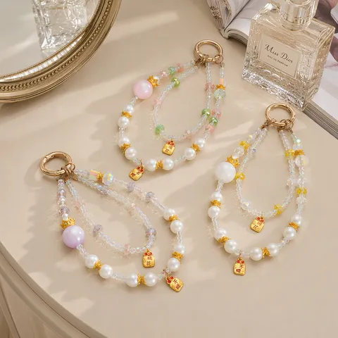 Ins Style Double Chain Crown Colorful Beaded Phone Strap Handmade Artificial Pearl Crystal Bead Phone Lanyard Wristlet For Women Gift