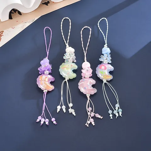 Summer Candy Color Embossed Moon Phone Chain Flower Beaded Camera Strap Bag Charm Fresh Resin Tassel Hanging Accessory For Women