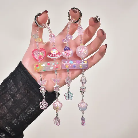 Candy Color Beaded Bag Charm Phone Lanyard Keychain Star Flower Pattern Acrylic Beads Hanging Ornament For Women Girls