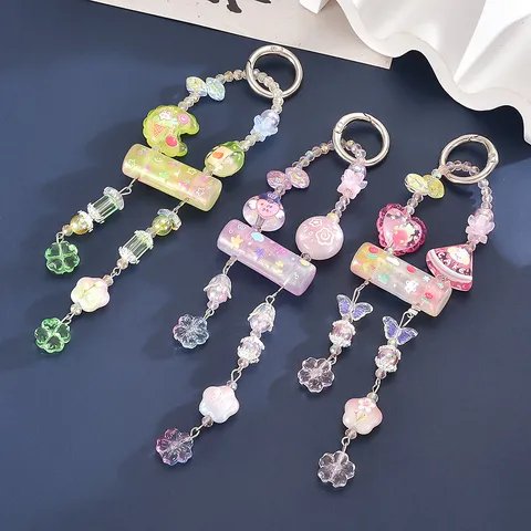 Candy Color Beaded Bag Charm Phone Lanyard Keychain Star Flower Pattern Acrylic Beads Hanging Ornament For Women Girls