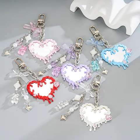 Sweet Dopamine Color Fluid Lava Heart Mirror Keychain Cartoon Bear Bowknot Rhinestone Artificial Pearl Beads Bag Pendant Phone Charm For Women Girl