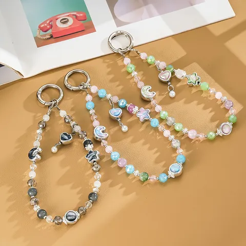 Handgemaakte Kralen Telefoonhanger Met Hart Ster Maan Hanger Kunstparel Polsband Voor Dames Telefoonhoesje Lanyard
