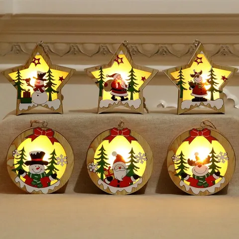 Christmas Wooden Luminous Pendant LED Light Hanging Ornament For Xmas Tree Decor Holiday Party Gift Home