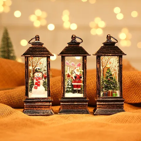 Décoration de Noël en Résine Brossée Or Petite Lampe à Huile Lumineuse Père Noël Bonhomme de Neige Arbre Veilleuse Ornement de Bureau
