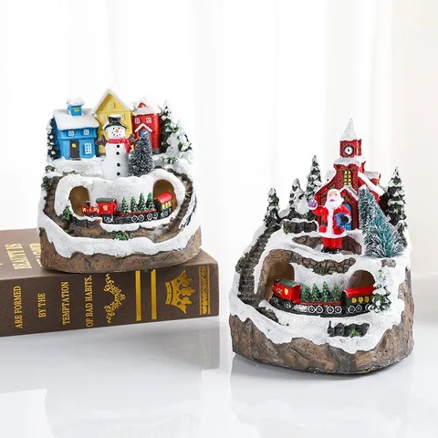 Christmas Resin Music Box LED Light Rotating Santa Snowman Figurine Desktop Ornament Festive Home Decor Gift